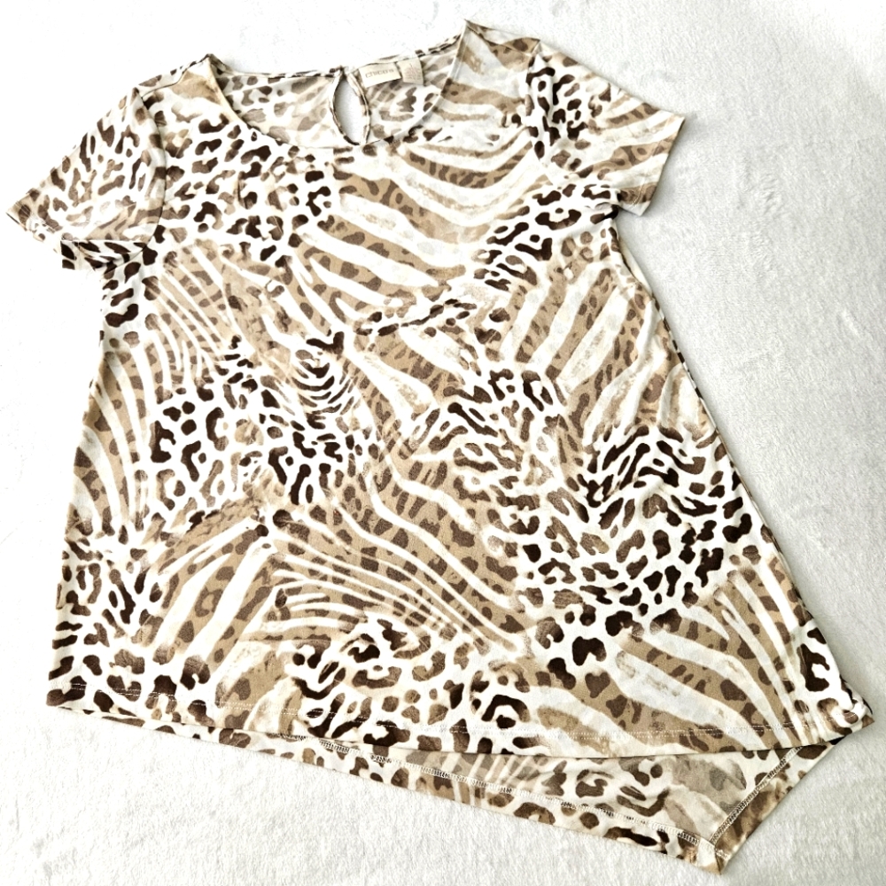 Chico's Womens Tunic 1X Tan Brown Leopard Print Top Asymmetric Hem Short Sleeves